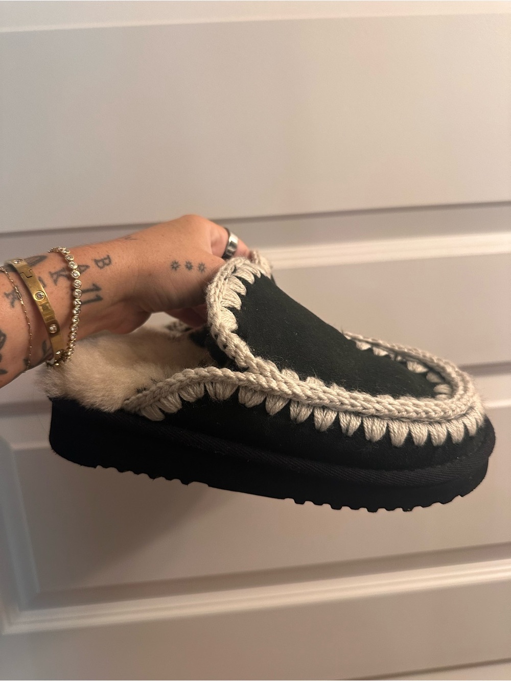 Mou Black Moccasin Mules with Cream Trim